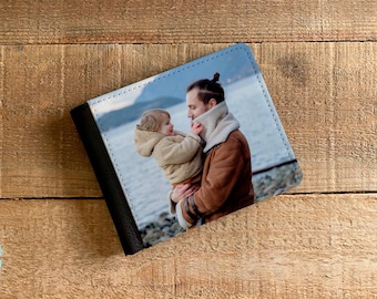 Gepersonaliseerde herenportemonnee dubbelgevouwen veganistisch leer aangepaste cadeaus voor hem