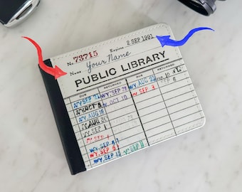 Gepersonaliseerde vegan leren portemonnee voor heren - aangepaste vintage bibliotheek vervaldatumkaartontwerp