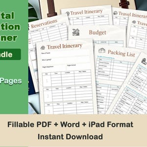 Puede incluir: Un paquete de planificador de vacaciones digital con 8 páginas. El paquete incluye itinerarios de viaje, listas de embalaje y una hoja de presupuesto. El texto de la imagen dice "Fillable PDF + Word + iPad Format Instant Download."