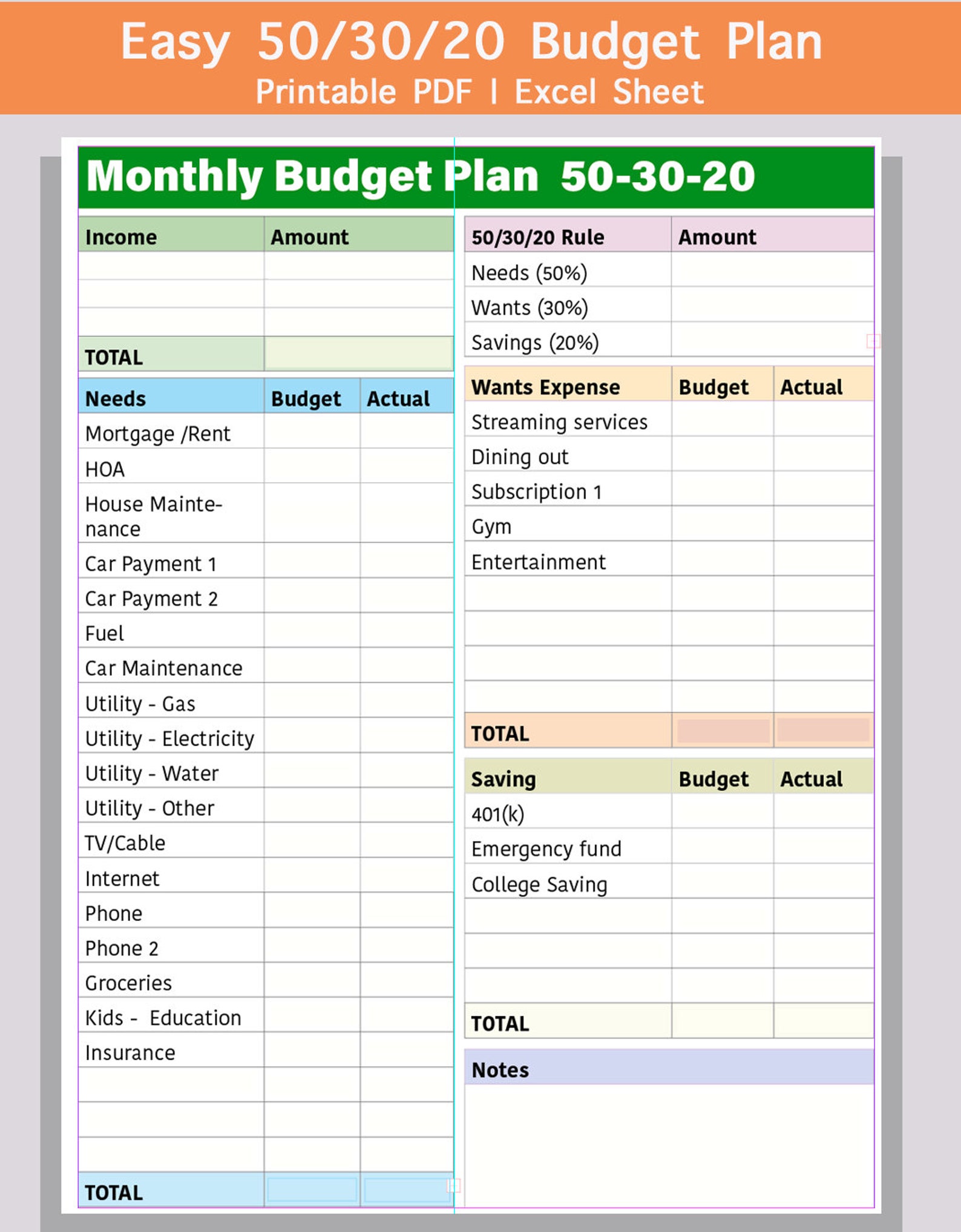 MONTHLY Budget 50/30/20 Budget Planner Printable Money Management
