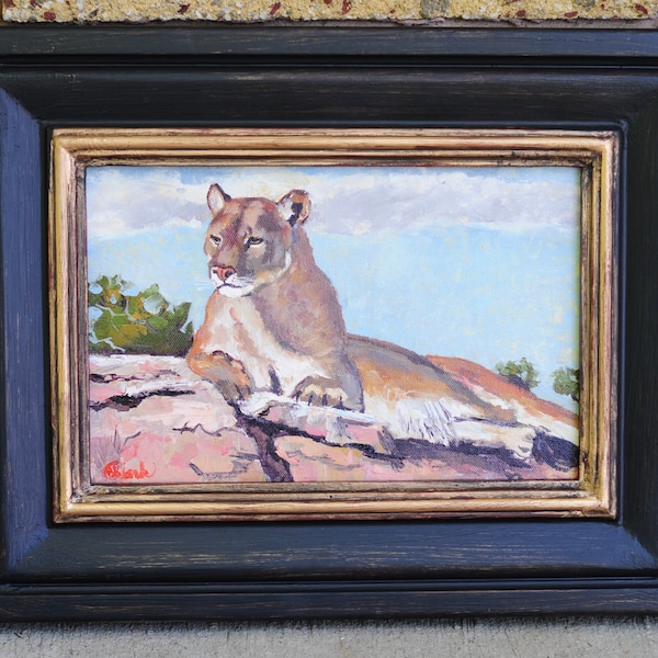 cougar, cougar art, cougar olieverfschilderij, wildlife, westerse kunst, buitenshuis, rustiek, hut decor, oud westen