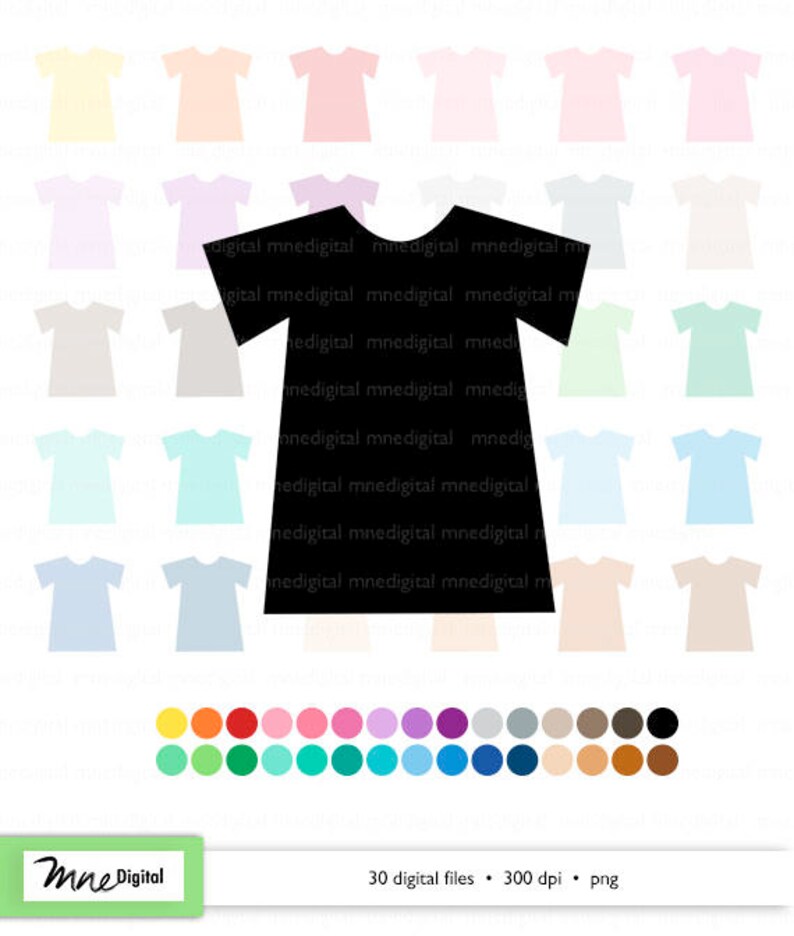Peut inclure: Un ensemble de 30 fichiers num&eacute;riques repr&eacute;sentant une silhouette de t-shirt noir avec une vari&eacute;t&eacute; de t-shirts de couleur pastel en arri&egrave;re-plan. Les couleurs incluent le jaune clair, la p&ecirc;che, le rose, le bleu clair, le vert clair et le gris. En dessous des t-shirts, 30 cercles color&eacute;s dans diff&eacute;rentes nuances de jaune, orange, rouge, rose, violet, bleu, vert, marron et gris.