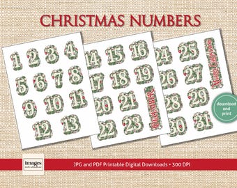 May include: Three sheets of printable Christmas numbers with a green and white holiday design. The numbers are in circles and range from 1 to 31. The text "Christmas Numbers" is at the top of the sheets. The text "Download and print" is at the bottom of the sheets.