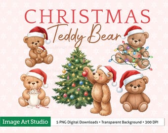 Kerstteddybeer PNG, digitale download, transparante png, kerstclipart, teddybeerbundel