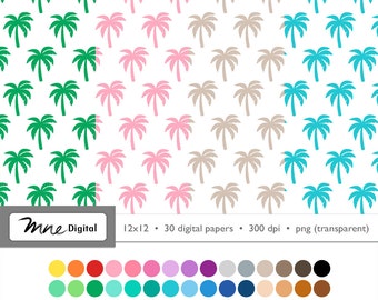 Palm Tree Digital Paper, 12x12 Scrapbook, Palm Overlay, 30 Colors, Instant Download PNG