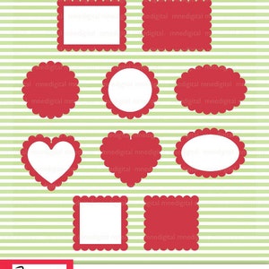 Può includere: Dieci cornici digitali a forma di cuore rosso con bordi a festoni. Le cornici sono di varie forme, tra cui cerchi, quadrati e cuori. Le cornici sono su uno sfondo a strisce verdi e bianche.