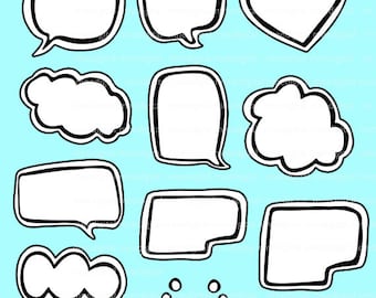 Digital Hand Drawn Speech Bubbles Frames Black and White PNG