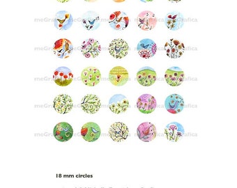 18mm and 12mm  Circles Digital Collage Sheet Bird and Flowers Printable Scrapbooking Instant Download