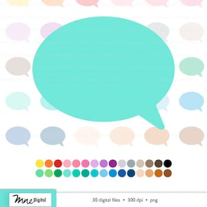 May include: A set of 30 digital speech bubbles in various pastel colors, including pink, blue, yellow, and green. The speech bubbles are in a circle shape with a tail. The speech bubbles are 300 dpi and in PNG format.