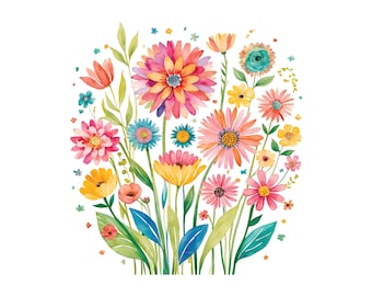 May include: Watercolor illustration of a vibrant bouquet of flowers. The arrangement features a variety of blooms in shades of pink, orange, yellow, and blue, with green leaves and stems. The flowers are painted in a loose, artistic style.