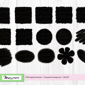 May include: A collection of black digital design elements in various shapes, including squares, circles, and a heart. Each shape has a textured, brushstroke-like appearance. The image includes the text "Sweet 19Studio" and "Mne Digital".