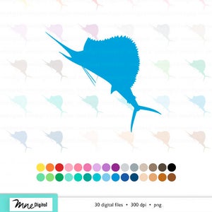 Sailfish Clipart, Digital Sailfish, Sailfish Colors, 30 Colors, Sailfish Art, Digital Fish, Fish Clip Art, Instant Download PNG
