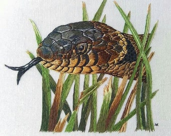 Hand embroidered silk grass snake