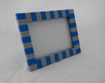 Blue and gray 5x7 picture frame made using LEGO® elements