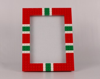 Red, green, and white 5x7 picture frame made with LEGO® elements