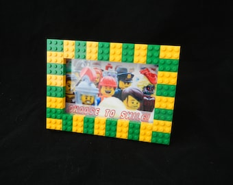 Green and yellow 4x6 picture frame made with LEGO® elements