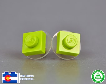 Single Pair of Square Muted Colored Surgical Steel Earrings Made from LEGO® Elements