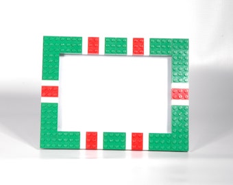 Red, green, and white 5x7 picture frame made with LEGO® elements