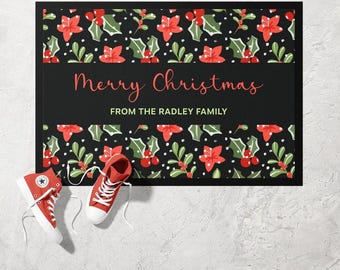 Holly and Berries Festive Doormat | Ultra Thin Door Mat | Non-Slip Absorbent Mat | Personalised Custom Doormat | Housewarming Gift