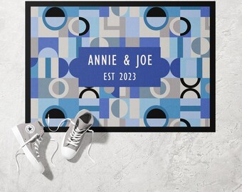 Blue Geometric Doormat | Ultra Thin Door Mat | Non-Slip Absorbent Mat | Personalised Custom Doormat | Housewarming Gift