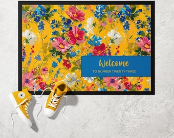 Sunset Garden Yellow Floral Doormat | Ultra Thin Door Mat | Non-Slip Absorbent Mat | Personalised Custom Doormat | Housewarming Gift