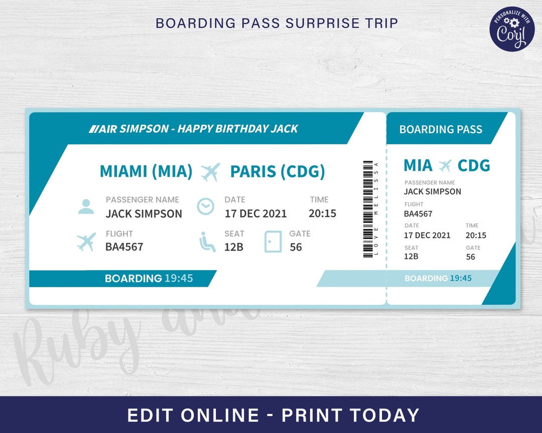 Boarding Pass Template, Fake Flight Ticket, Birthday Flight Ticket Boarding Pass Template, Fake Flight Ticket, Birthday Flight Ticket