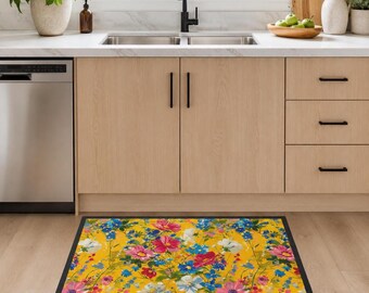 Sunset Garden Yellow Floral Kitchen Mat | Non-Slip Kitchen Floor Mat | Ultra Thin Non Slip | Absorbent Runner Rug