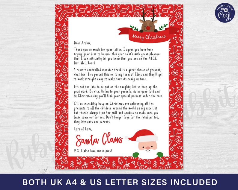 Santa Reply Letter in Both UK A4 and US Letter Editable Letter From ...