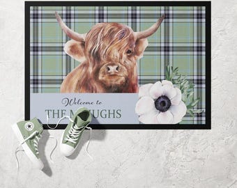 Tapis pour animaux de compagnie en forme de vache Highland | Tapis d'alimentation pour animaux de compagnie | Tapis antidérapant pour gamelles pour chien | Set de table absorbant avec nourriture pour chats