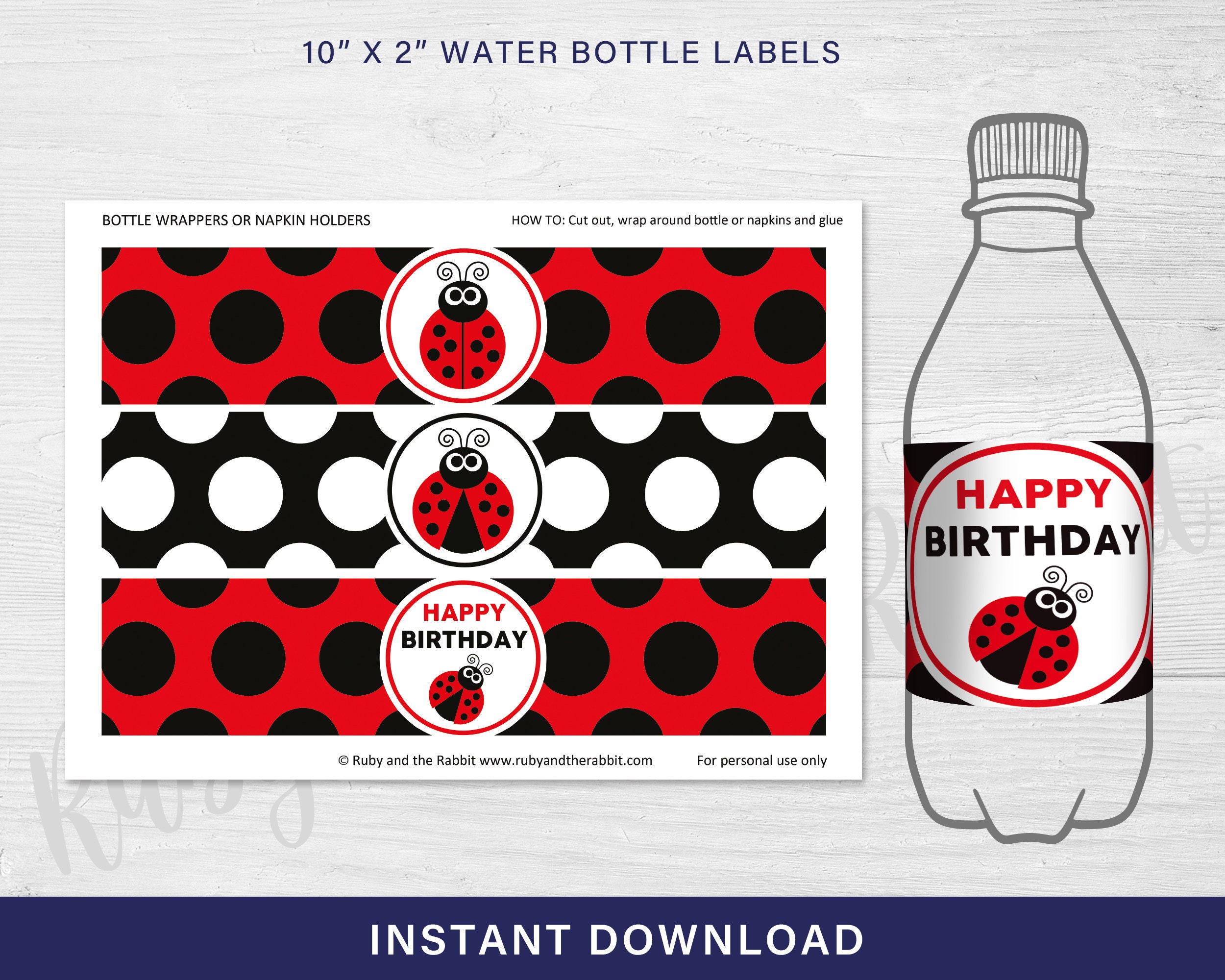 Ladybug Water Bottle Labels for a Ladybug Party - PRINTABLE water bottle labels - INSTANT DOWNLOAD - Ladybird water bottle labels- 0102