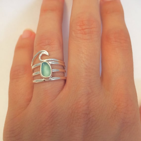 Layered Sterling Silver Wave Ring: Sea Glass Ocean Statement Ring