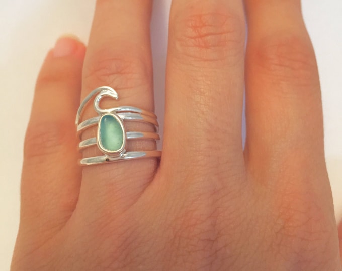 Layered Sterling Silver Wave Ring: Sea Glass Ocean Statement Ring