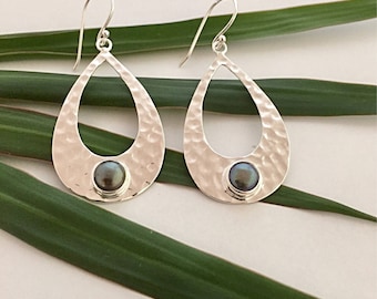 Hammered Sterling Silver Hoops With Fresh Water Pearls