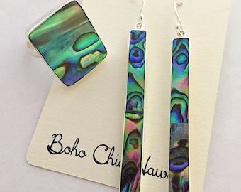 Sterling Silver Abalone Dangle Earrings: Long Skinny Paua Jewelry