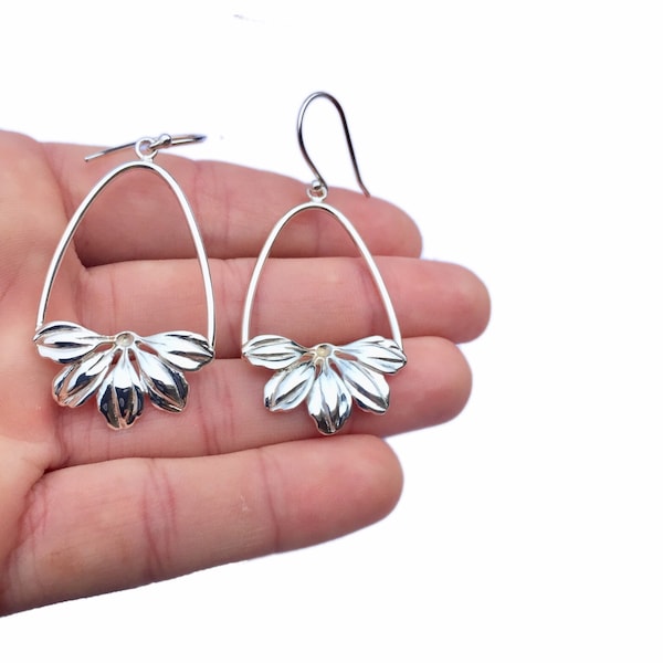 Naupaka Kahakai Flower Sterling Silver Dangle Earrings, Hawaii  Earrings, Boho Chic Earrings, Teardrop Silver Earrings