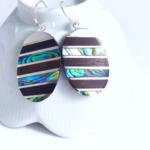 Abalone, Silver and Wood Dangle Earrings, Classic Dangle Earrings, Boho Chic Earrings
