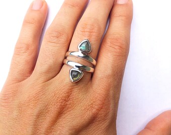Sterling Silver Statement Ring with Triangle Faceted Labradorite Stone