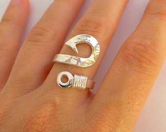 Fish Hook Adjustable Sterling Silver Statement Ring