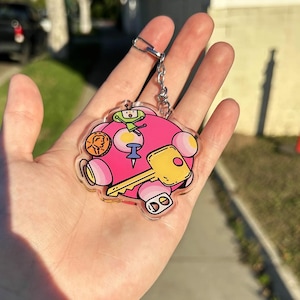 May include: A pink and white round keychain with a key, a push pin, a coin, and a green alien figure. The keychain is made of clear acrylic.