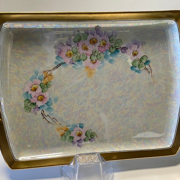 JORGENSEN Hand Painted Serving Tray - Wild Pink Roses - Roman Gold - Iridescent Luster  1920s