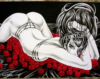 Nik Guerra Original Art Painting - MAGENTA DARK ROSES - Explosive 43 x 29.5 acrylic paint and graphite on plywood board - Fetish comics sexy