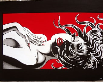 Nik Guerra Original Art Painting - MAGENTA Cinemascope - Explosive 43 x 31 acrylic paint and graphite on plywood board - Fetish comics sexy