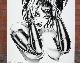 Nik Guerra Original Acrylic ART Painting /  MAGENTA Hands in Hair // shiny sexy eyes super erotic  fetish pop gloves