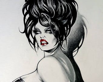 Original Nik Guerra art illustration / Magenta - Altezzosa / Published drawing / super sexy cartoon pinup black white red erotic diva comics