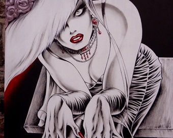 Nik Guerra Original Art Painting - COCO Von Sade - PIANO  COCO- Superb 43 x 29.5 acrylic paint and ink on plywood board - sexy fetish comics