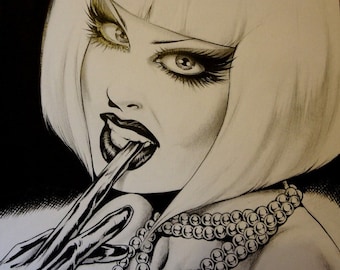 Original Nik Guerra art illustration /  LUCRETIA - Juicy Gloves / Mixed Media /  pulp sexy cartoon pinup black white comics blonde bob hair