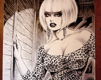 Original Nik Guerra art illustration /  LUCRETIA - Enter, Come In / Mixed Media /  pulp sexy cartoon pinup black white comics blonde bob