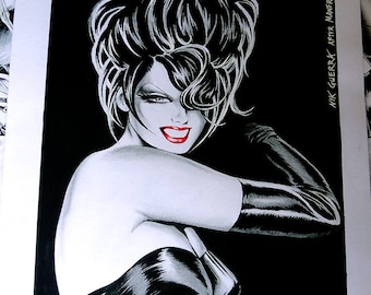 Original Nik Guerra art illustration /Magenta after Gilda /iconic sexy cartoon satin dress pin up tribute black white red erotic diva comics