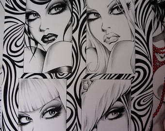 Original Nik Guerra art illustration /  Magenta Charlotte Lucretia & Coco / Mixed Media /  sultry pulp sexy girl cartoon pin up black white