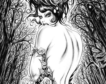 Original Nik Guerra art illustration /  Magenta - Lost in a Forest / Mixed Media /  sultry pulp sexy cartoon pin up black white magic